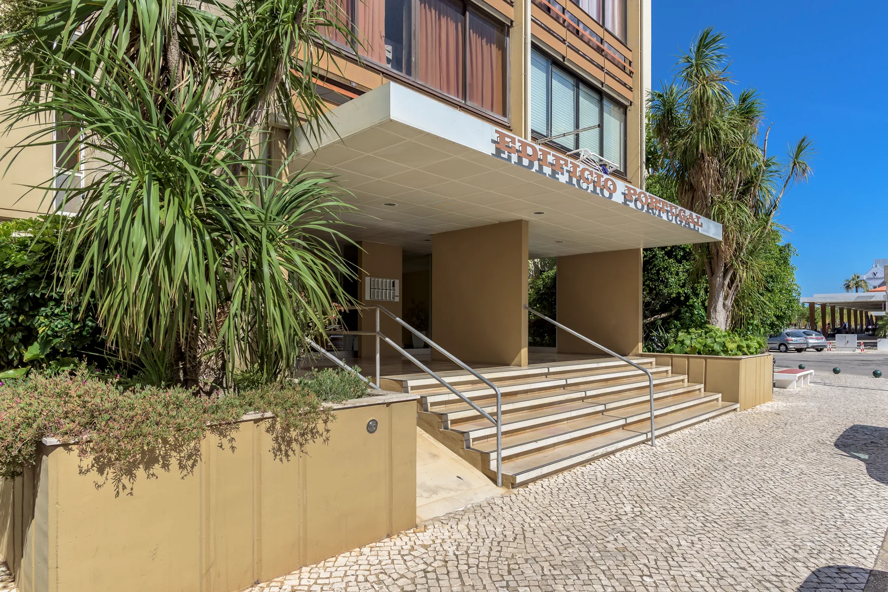 Entrada de un edificio con escalones amplios y un camino pavimentado.