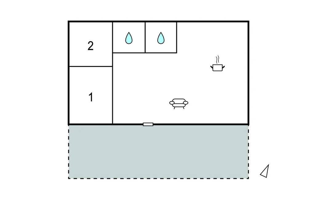 Un plano sencillo muestra dos habitaciones numeradas, asientos y una zona exterior sombreada.