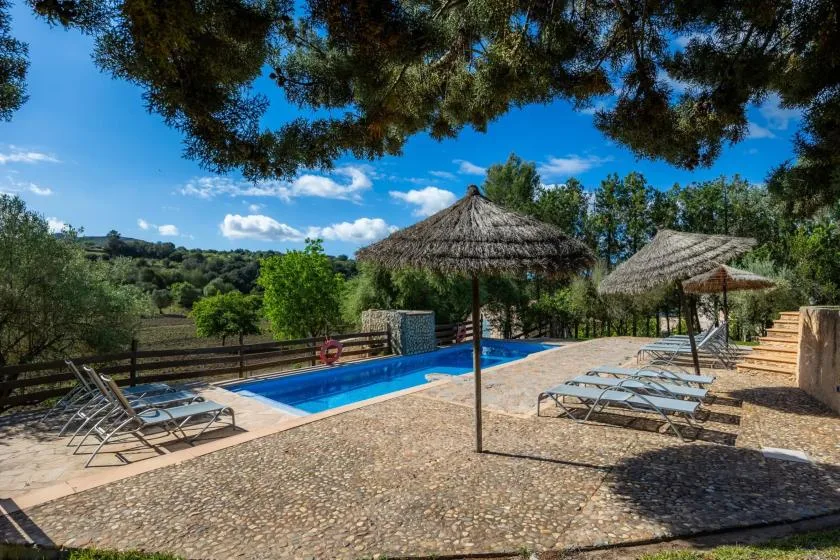 Una piscina al aire libre junto a zonas pavimentadas con asientos y sombrillas de paja.
