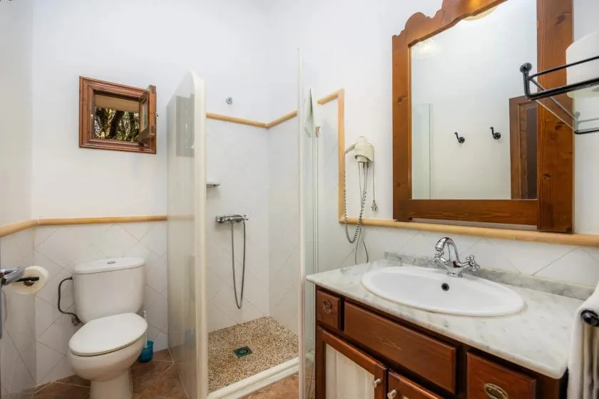 Un baño con lavabo, mueble de madera, inodoro y ducha.