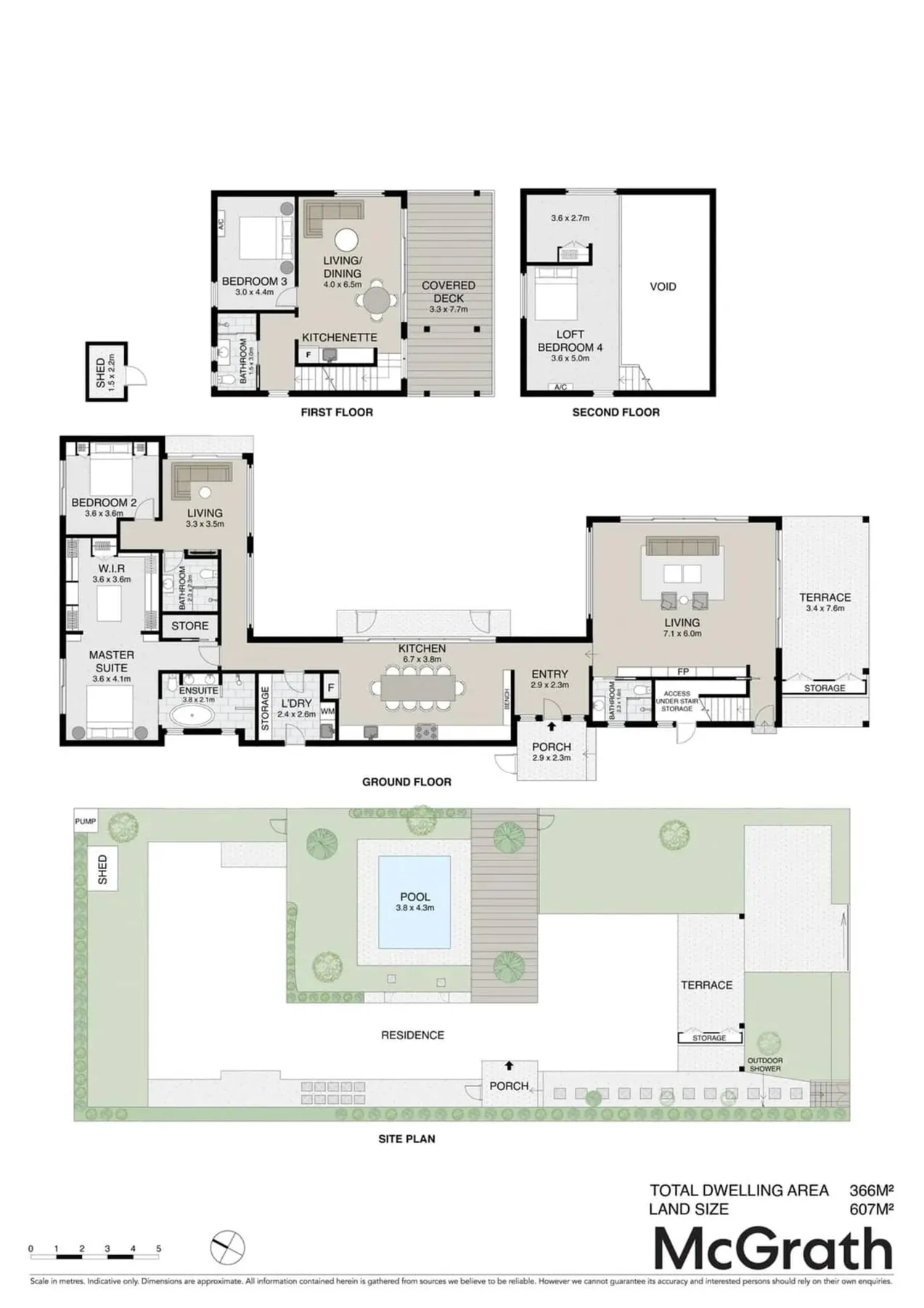 Planos arquitectónicos y plano del terreno de una casa de playa, con habitaciones y espacios exteriores etiquetados.
