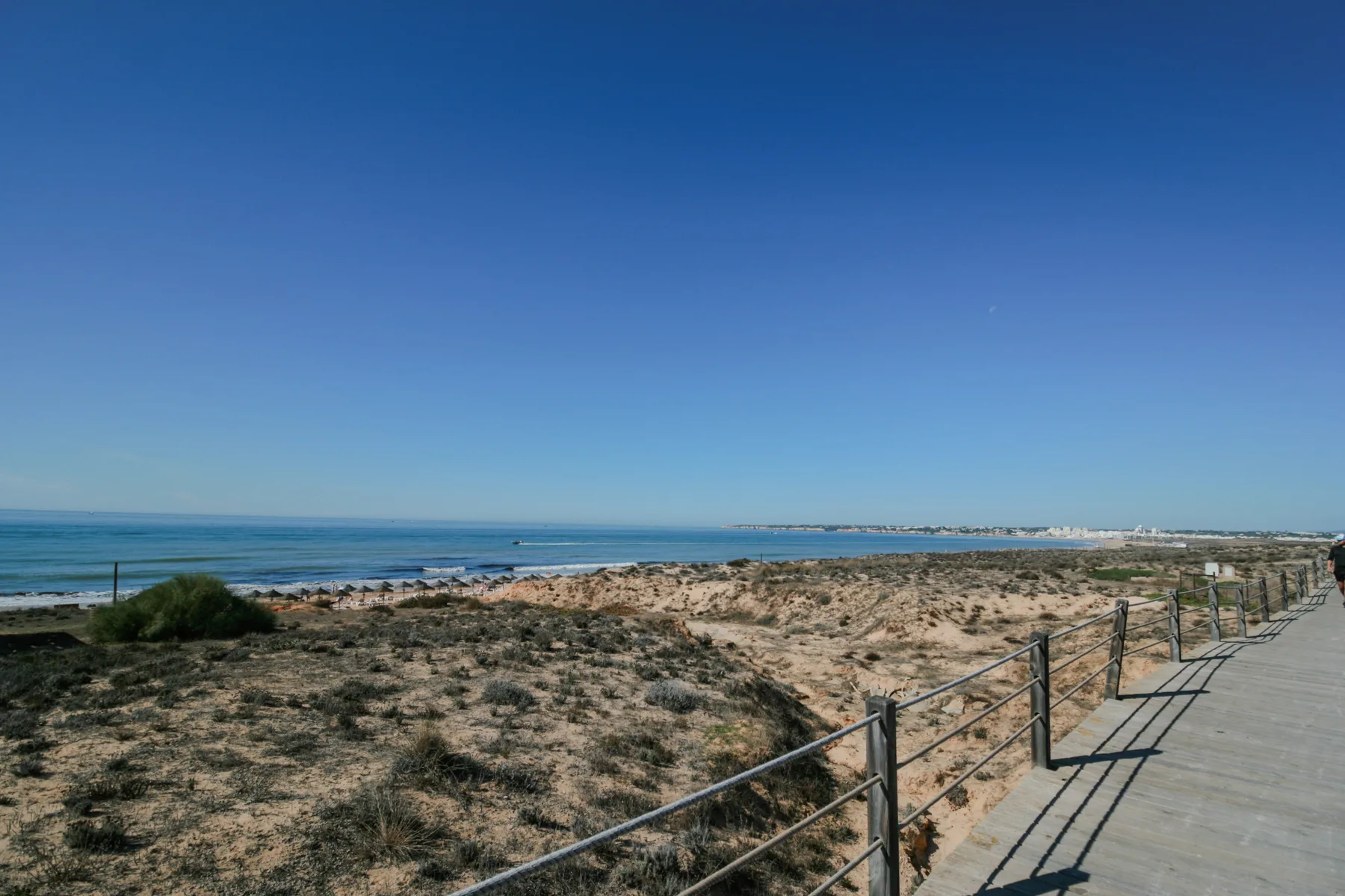 A seaside path runs beside a dry sandy landscape and the ocean.
