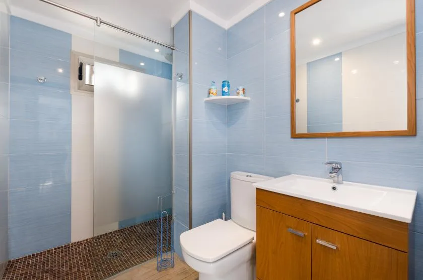 Un baño con ducha de vidrio, inodoro y mueble de madera.