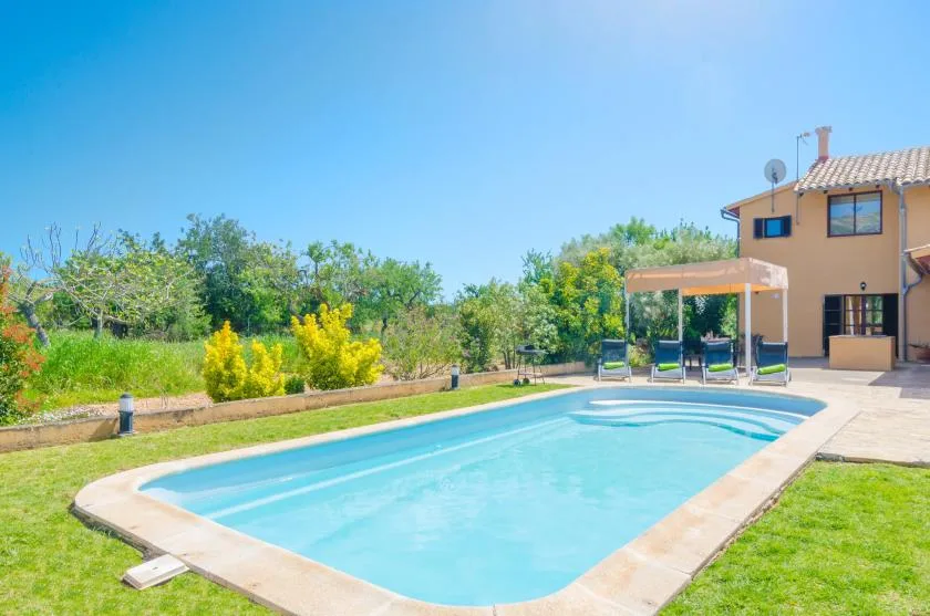 An outdoor swimming pool sits beside a house and landscaped garden.