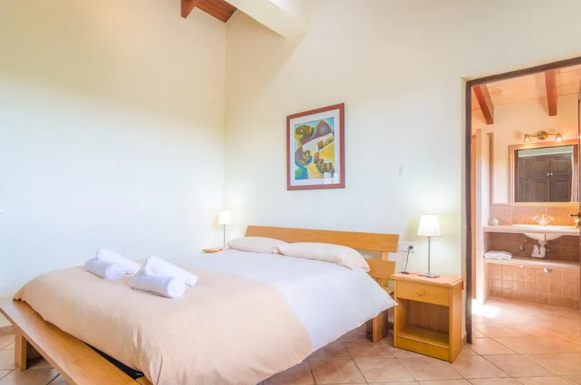 A bedroom with a bed, bedside tables, and a framed picture on the wall.