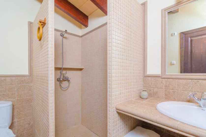 A tiled bathroom with a shower and a sink beneath a mirror.