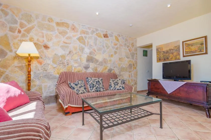 A living room with patterned seating, a glass coffee table, and a television.
