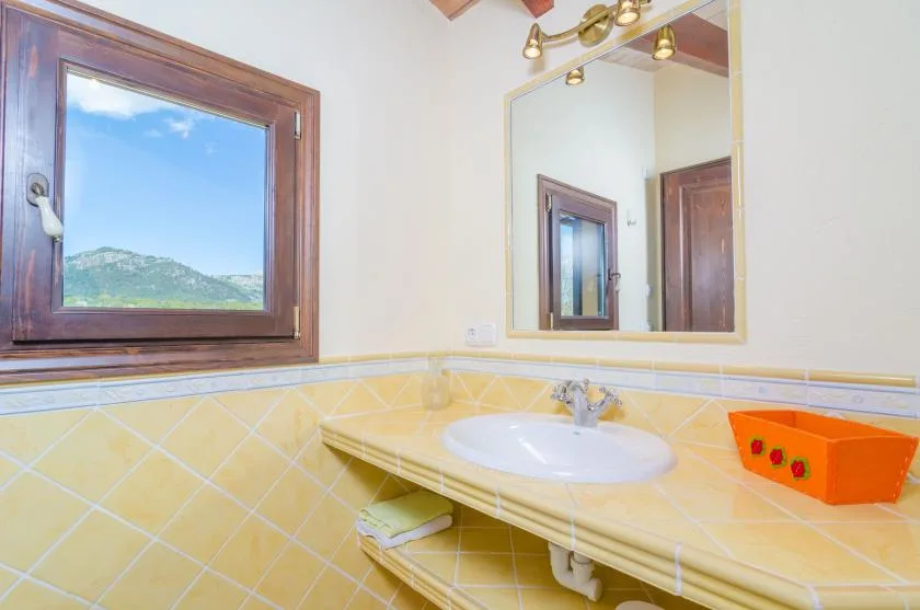 A bathroom vanity with a white basin, large mirror, and window overlooking hills.