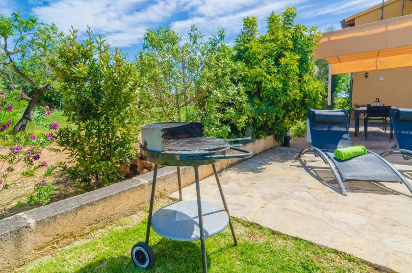 An outdoor patio with seating, a barbecue grill, and leafy garden plants.