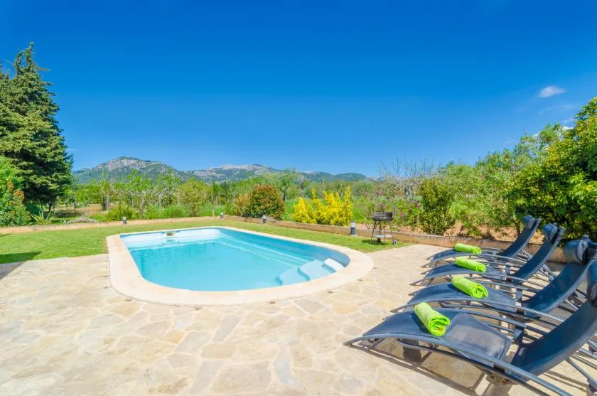 An outdoor swimming pool sits beside a paved patio with lounge seating.
