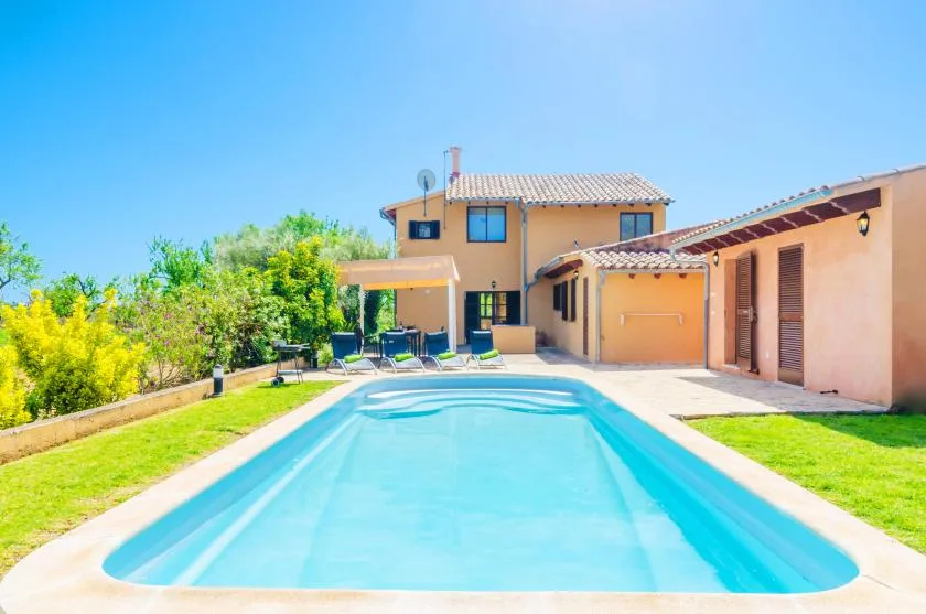 Outdoor swimming pool beside a house, with lounge seating and green lawn.