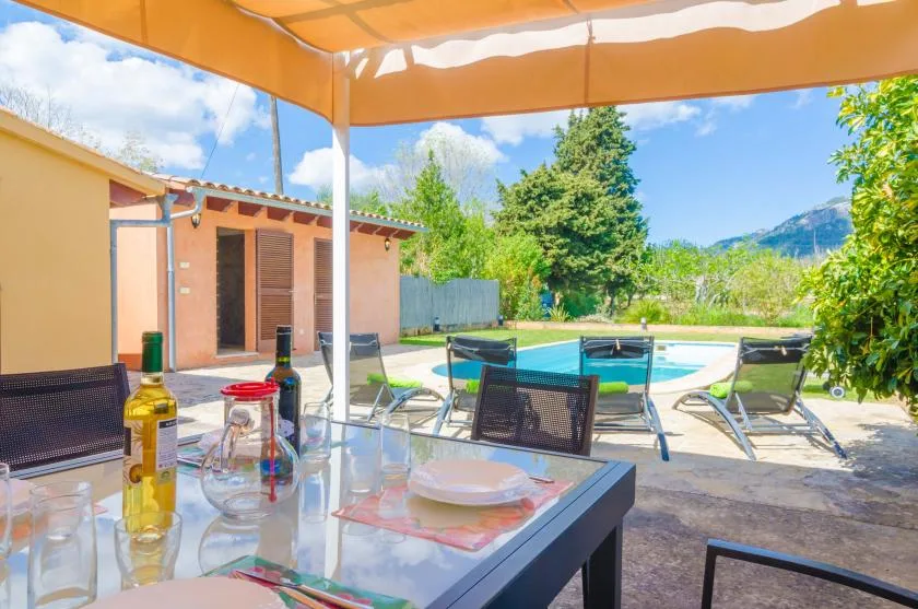 A poolside patio dining area under a canopy, with seating and a garden view.