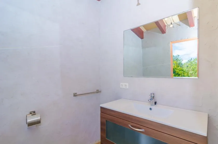 A bathroom vanity with a sink sits beneath a large wall mirror.