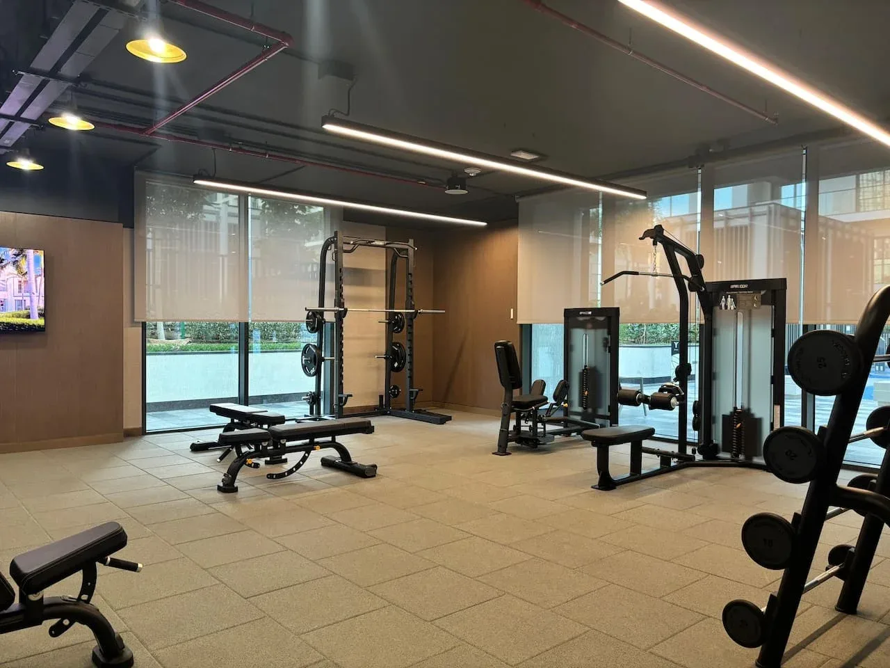 Un gimnasio con equipos de pesas y grandes ventanas.