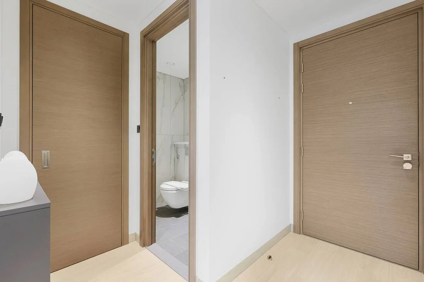 Un pasillo con puertas de madera y una vista parcial del baño.
