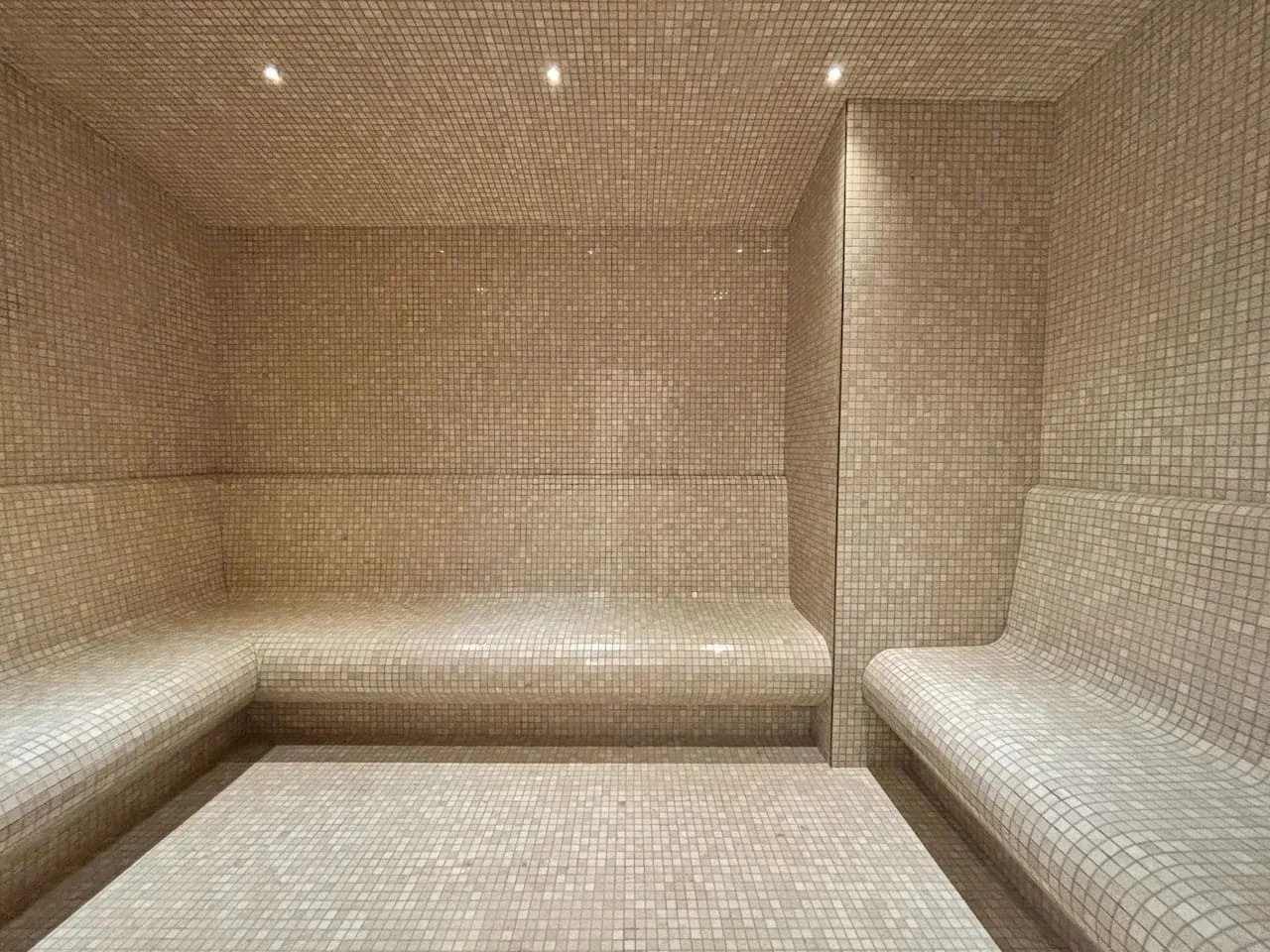 Un baño de vapor alicatado con asientos integrados y luces empotradas en el techo.