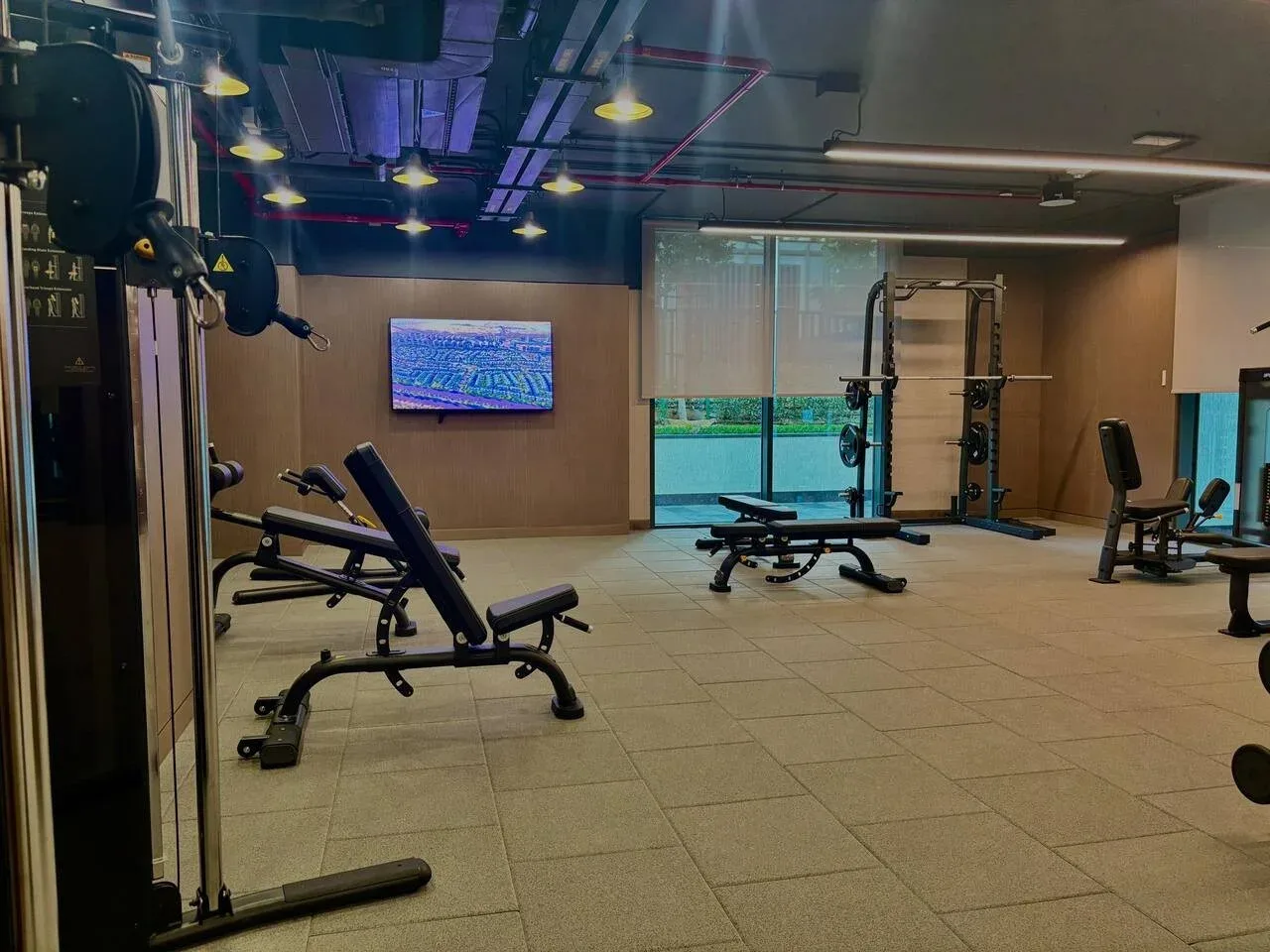 Un gimnasio con máquinas de ejercicio, bancos de pesas y ventanales.