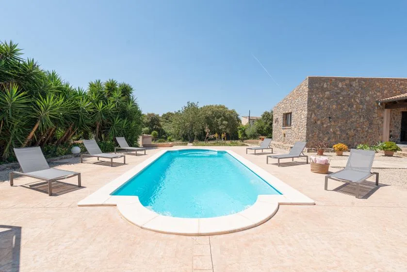 An outdoor swimming pool is surrounded by lounge seating and greenery.