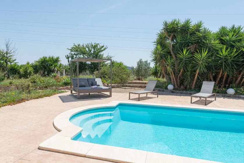 An outdoor swimming pool sits beside paved seating and leafy landscaping.