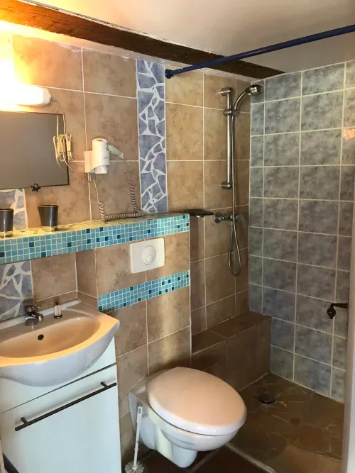 Bathroom by the living area.