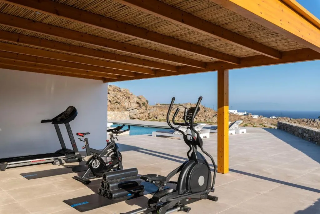 An outdoor workout area under a wooden pergola overlooks a swimming pool and the sea.