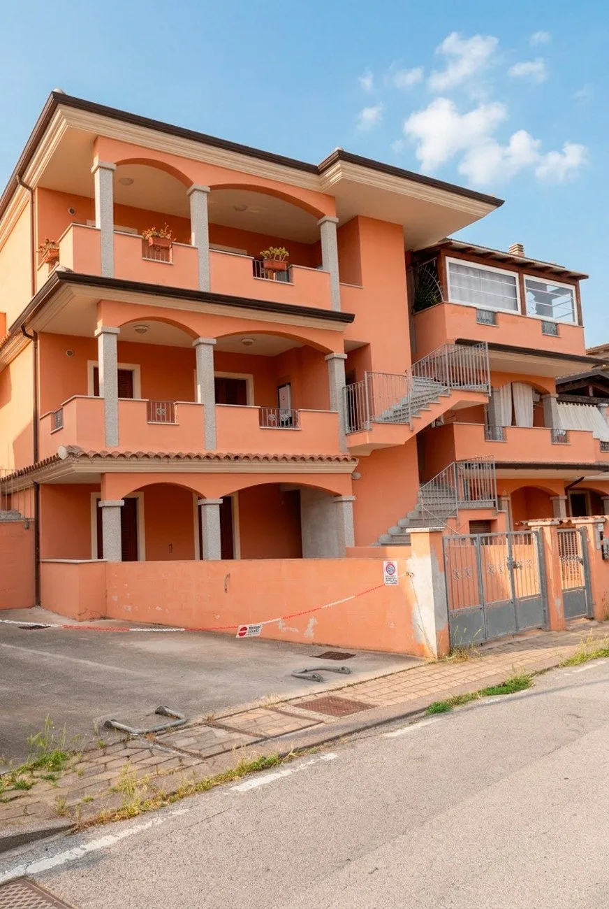 Un edificio naranja de varias plantas con balcones y una escalera exterior está junto a la calle.