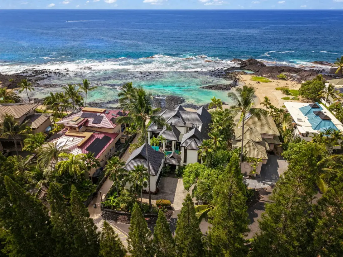 Vista aérea de casas costeras entre palmeras junto a una costa rocosa.