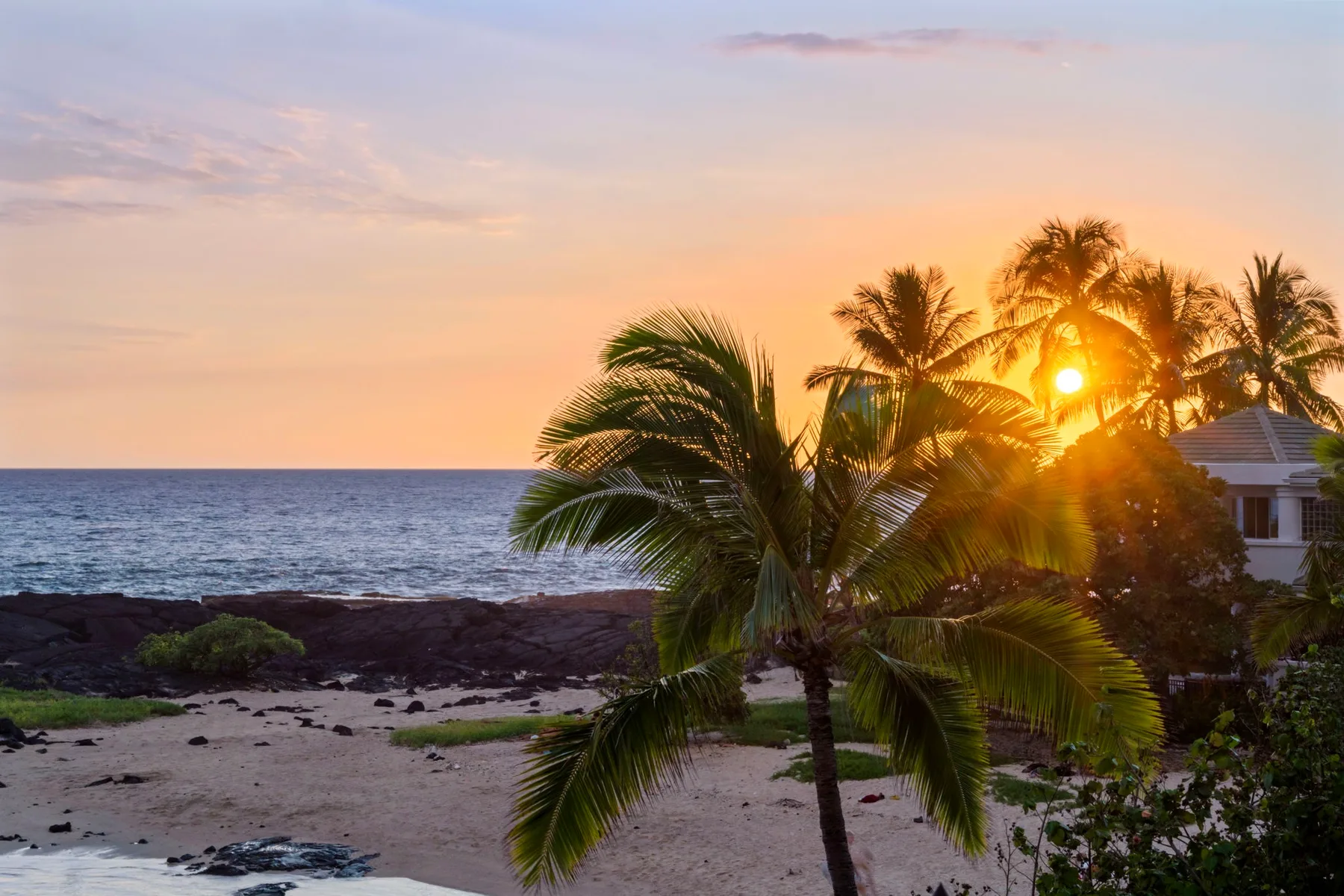 Una playa tropical al atardecer, con palmeras junto al océano.