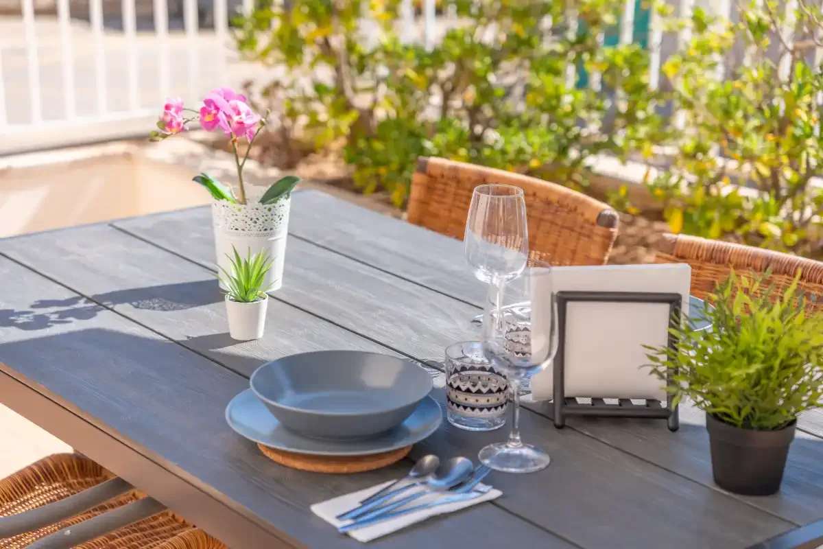 Outdoor dining table set with plates, glasses, and potted plants.