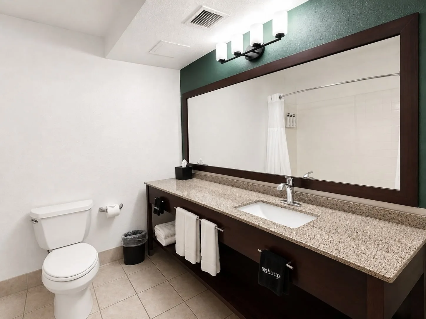 Family Suite bathroom with granite vanity, large mirror, and modern fixtures