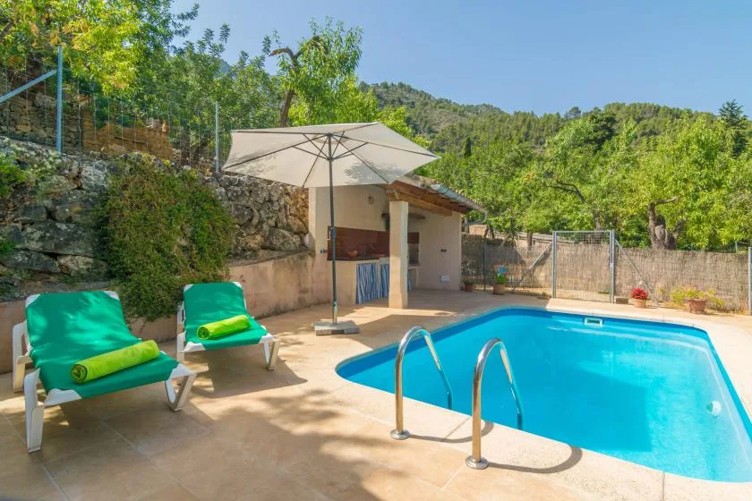An outdoor swimming pool sits beside shaded lounge seating and a small poolside structure.