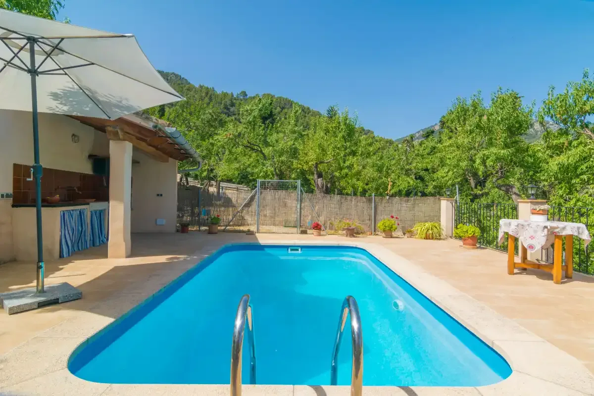 An outdoor swimming pool sits beside a covered patio and surrounding greenery.