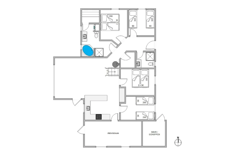 Un plano de planta muestra varias habitaciones distribuidas alrededor de un pasillo central.