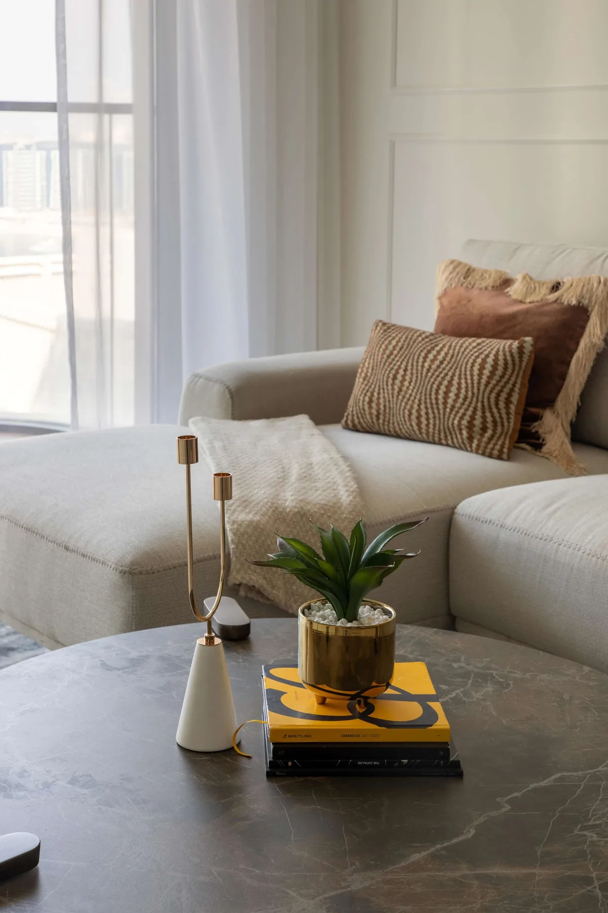 Una sala luminosa con asientos seccionales, cojines y una planta sobre la mesa de centro.