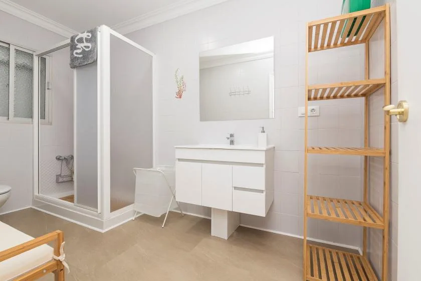 A bathroom with a shower, sink, and wall mirror.