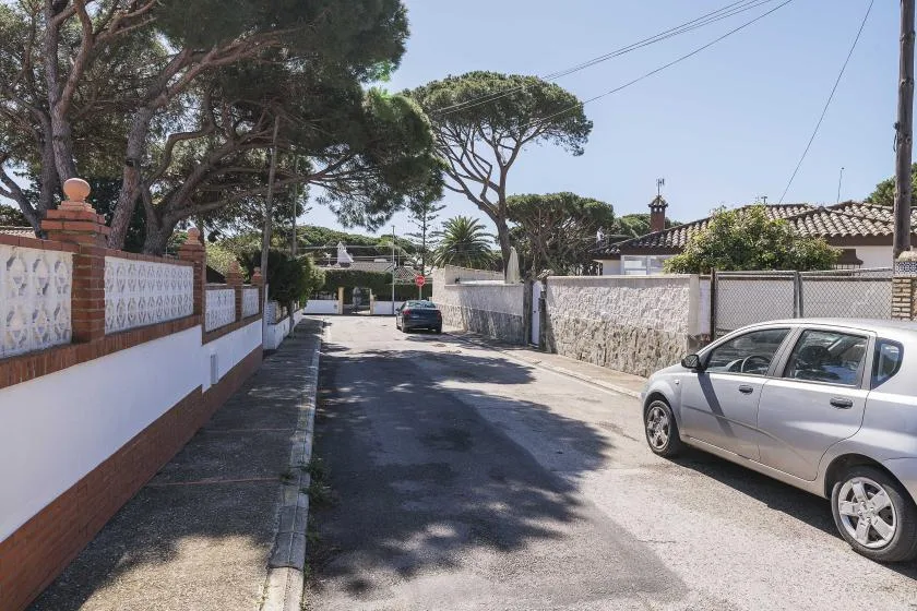 A residential street lined with trees, boundary walls, and parked cars.