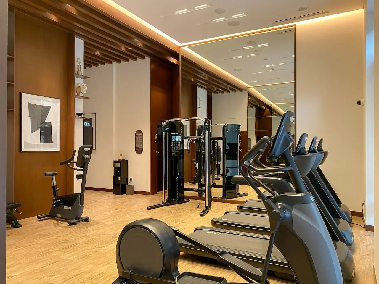 A gym with exercise machines and treadmills arranged in front of a mirrored wall.