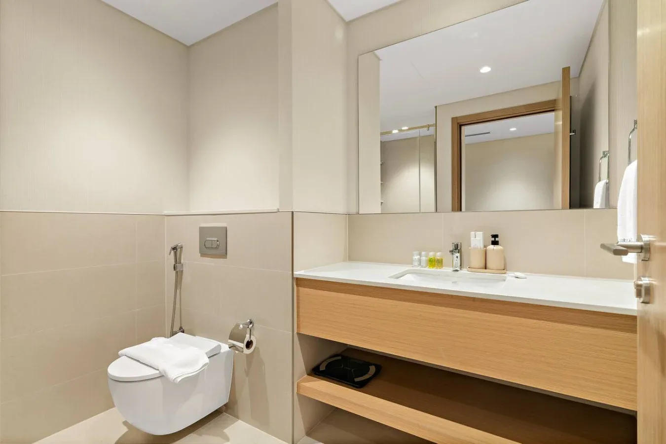 A bathroom vanity and wall-mounted toilet are visible beneath a large mirror.