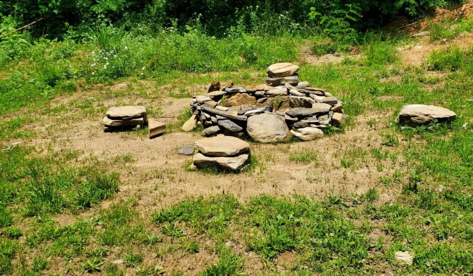 A small stone fire pit sits in a grassy clearing surrounded by greenery.