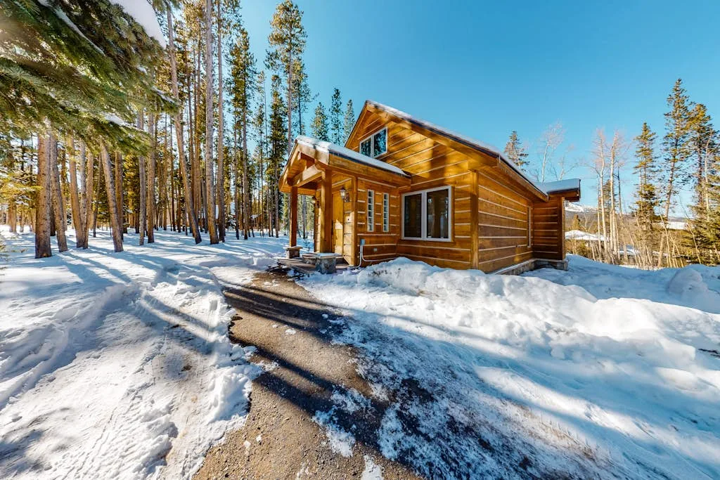 A wooden cabin stands beside a snowy path among tall trees.
