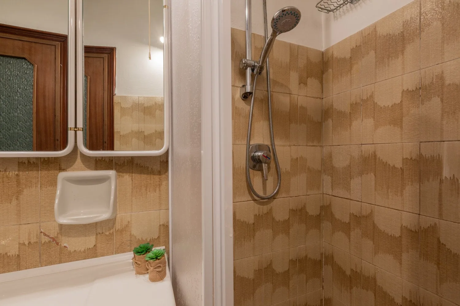 Un baño alicatado con ducha de pared y armario con espejo.
