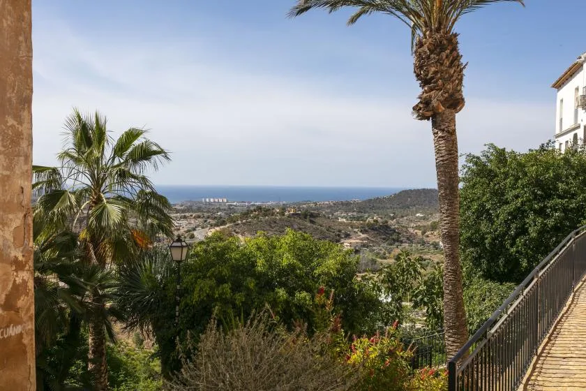 A palm-lined hillside overlooks the sea, with a walkway railing in the foreground.