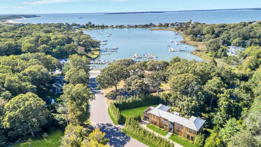 An aerial view of a tree-lined waterfront with a building beside a winding road.