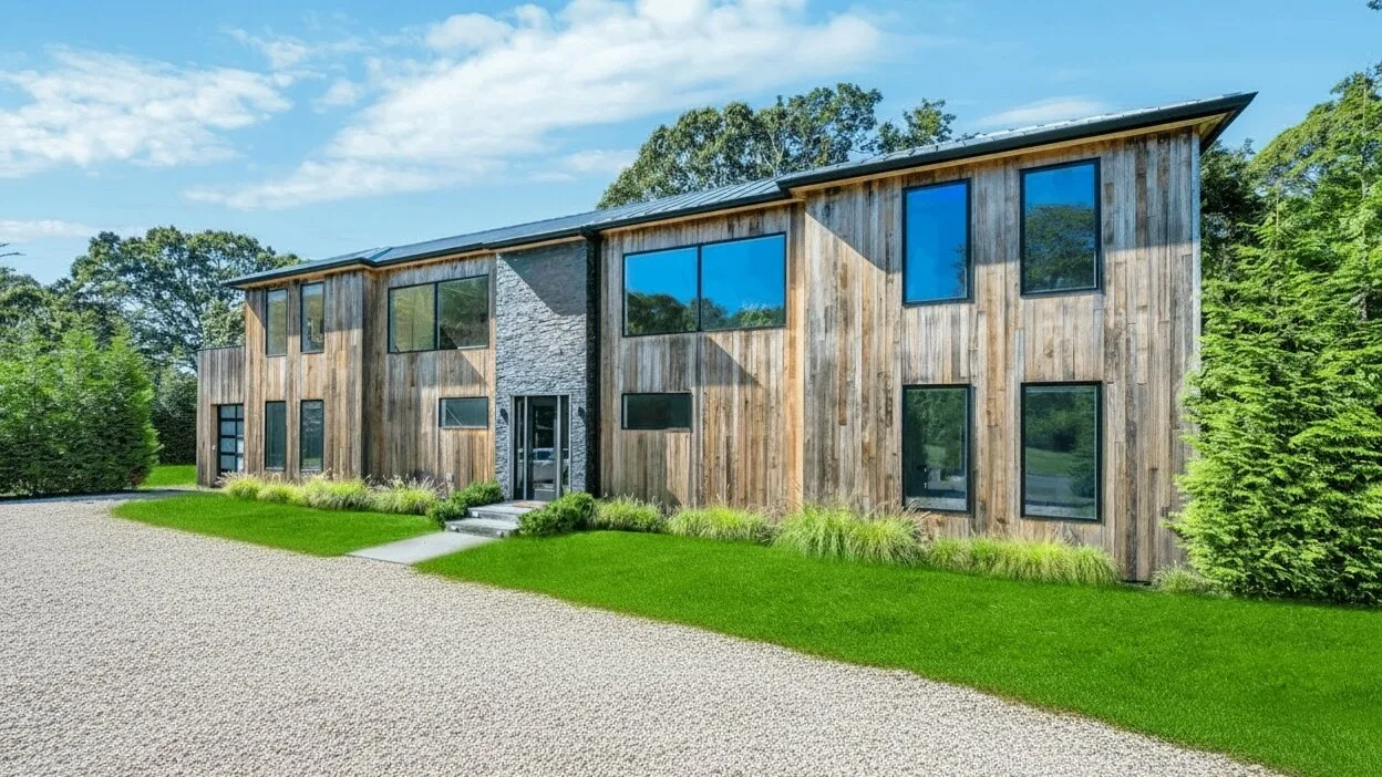 A modern building with a long facade of wood siding and large windows.