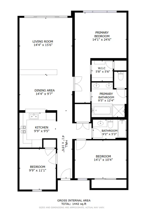 Un plano de apartamento muestra una sala y comedor, cocina, dormitorios y baños.