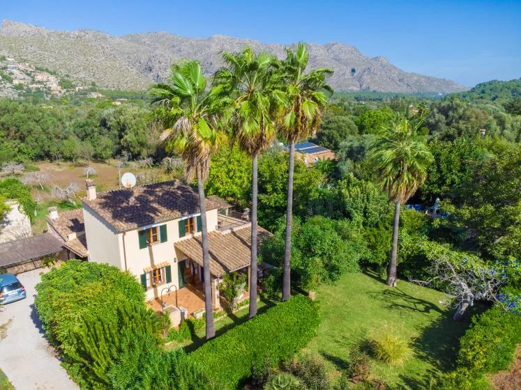 Una casa y un jardín rodeados de palmeras altas, con montañas a lo lejos.