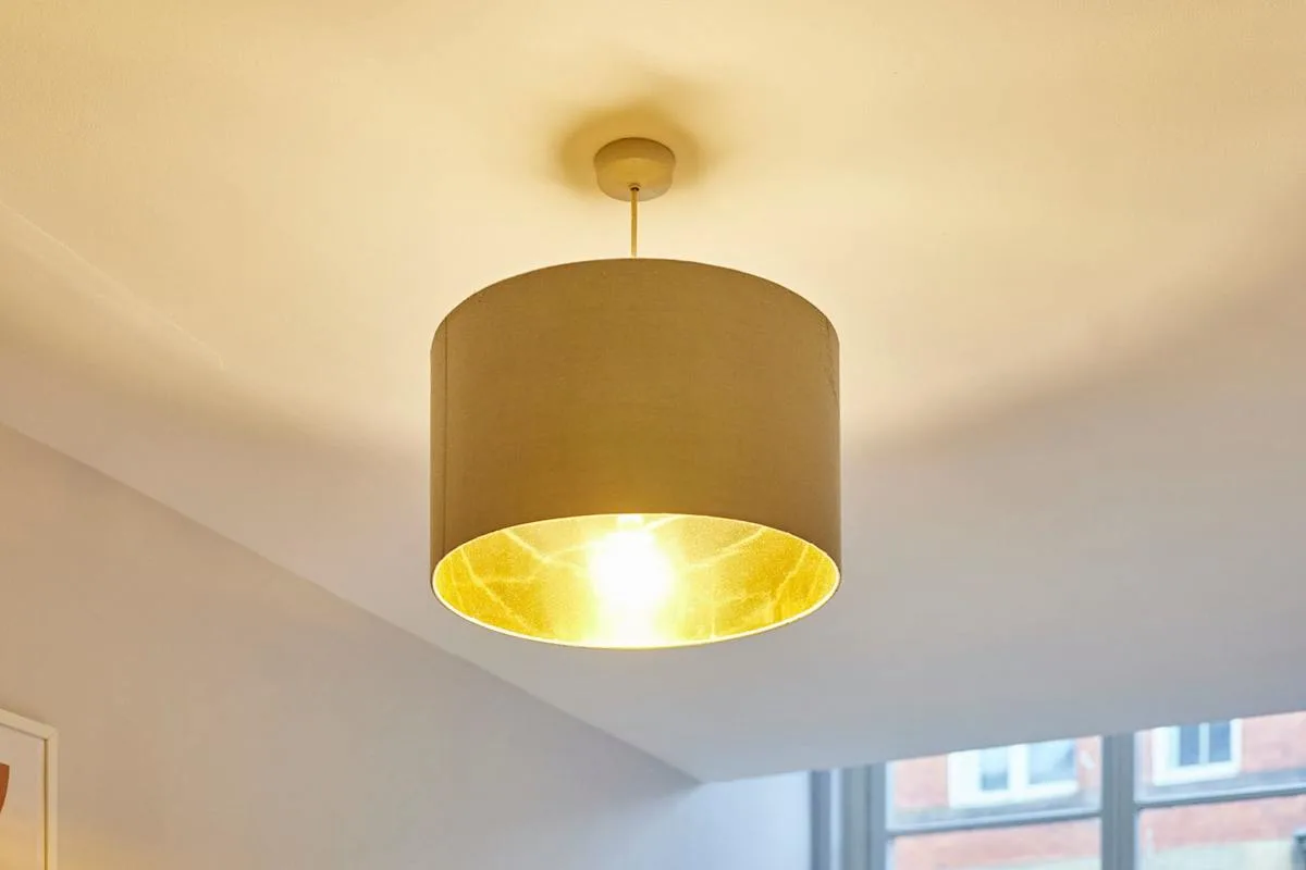 A ceiling light hangs above a bright room with a window.