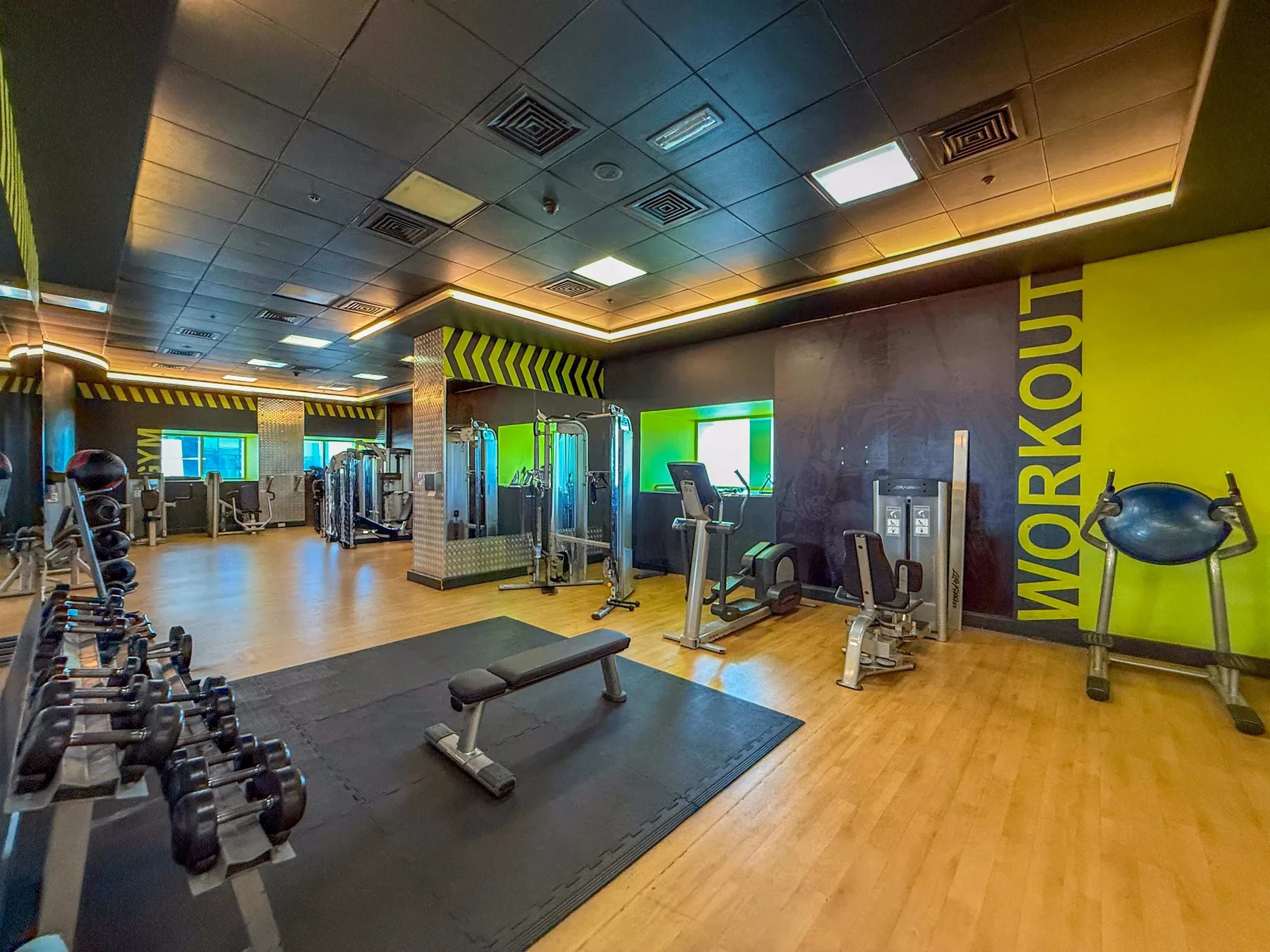 Un gimnasio con máquinas de ejercicio, pesas y un banco sobre suelo acolchado.