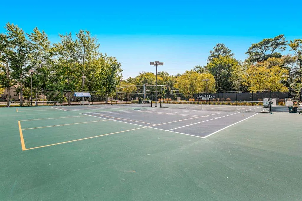 An outdoor tennis court with painted boundary lines and trees beyond the fence.