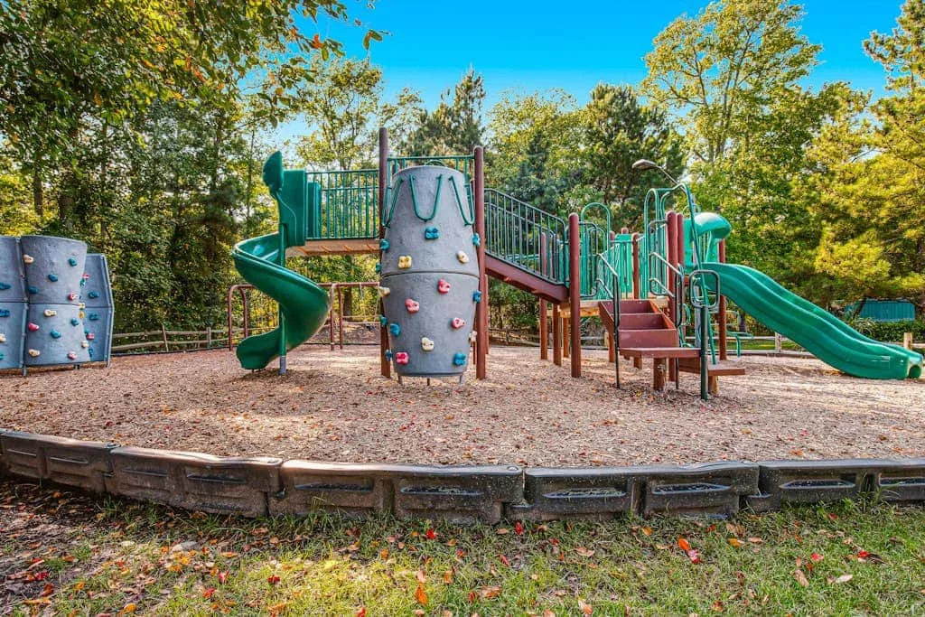 A playground with climbing structures, slides, and a wood-chip surface.